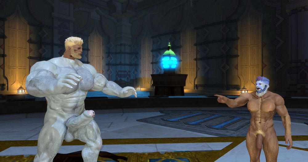 Beef and Guessing's heads have swapped bodies, with a rather upset Guessing chastising the Highlander.  Beef, in spite of his shock in the moment, is sporting a large erection, betraying his arousal over the situation.