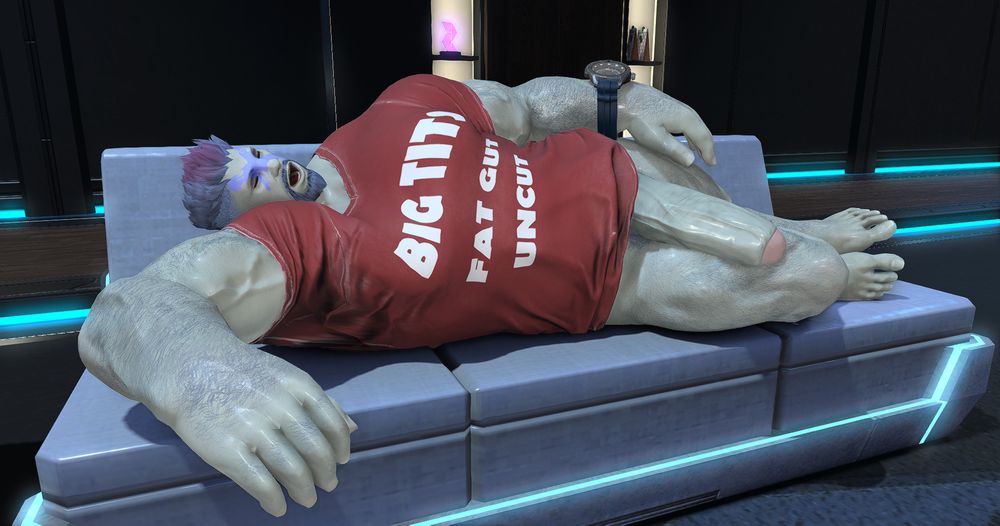 A snoring Guessing on a couch wearing nothing but a shirt that reads "Big Tits, Fat Gut, Uncut."