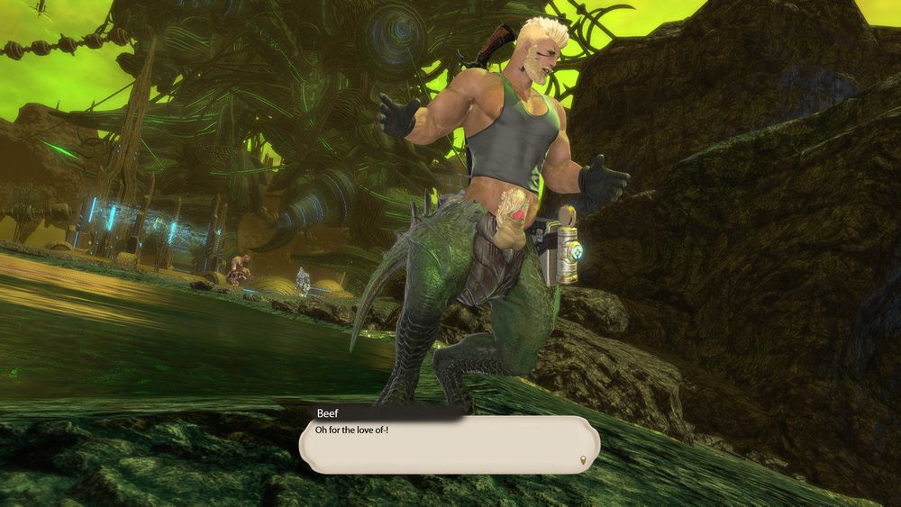 Once ashore, Beef realizes the sludge had an interesting effect on his anatomy, making him more draconic from the waist down.