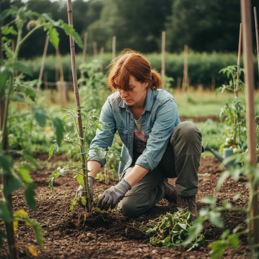A medium shot depicts a woman with auburn hair pulled back in a low ponytail, kneeling in a lush garden. She is planting a young tomato plant, using gloved hands to secure it in the dark, rich soil. She wears a denim button-down shirt over a t-shirt, and olive-green cargo pants. The garden stretches behind her with numerous tomato plants supported by wooden stakes. A green watering can is partially visible in the mid-ground. The light is soft and natural, creating a peaceful, organic feel. The photo highlights themes of sustainability, home gardening, and a connection to nature. Loose foliage from garden trimmings is scattered near the woman.