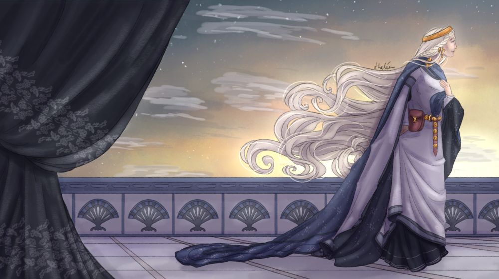 Éowyn is standing on a balcony while looking out over it. She is dressed in a white dress with big open sleeves, lined with dark blue with stars. Under it, she is wearing a dark dress, and over it all a long blue cloak with silver stars. She is wearing a red belt with golden brooches and a small red bag. Her hair is blond and flowing behind her in the wind, but held away from her eyes by a golden circle. The sky is starting to rise with a few clouds and fewer stars. The balcony is in white stones, with dark blue trees on the railing, and at the far left side, a dark curtain with silver embroidery hangs.