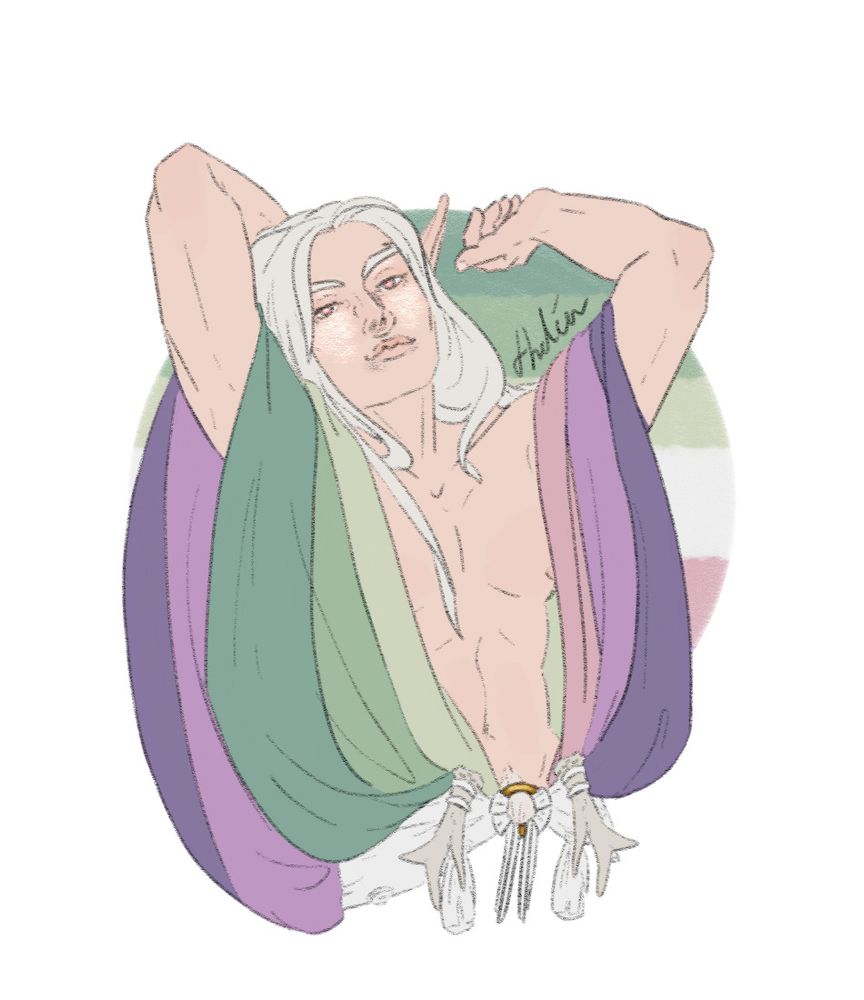 Celegorm smiling slightly with pale skin, white loose hair and red eyes, loose robes in the colour of the genderfae flag hangs over the shoulders bearing the chest.