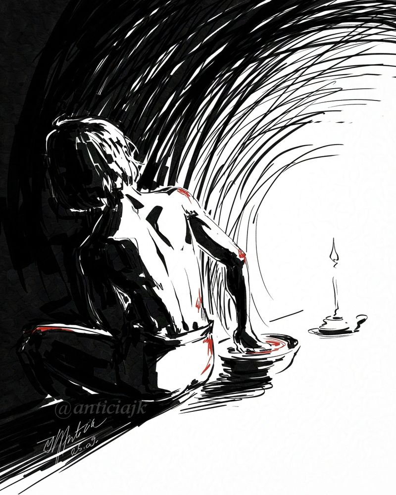 Young Bruno sits alone in the darkness, taking care of his wounds. A candle casts harsh light on him. Black and white with red accents.