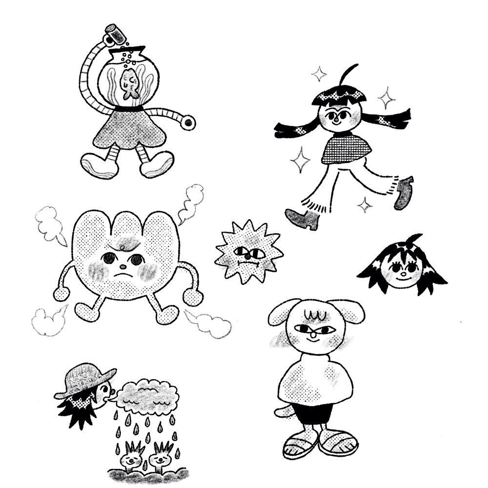 Plein de petits dessins en noir et blanc fait sur le logiciel procreate