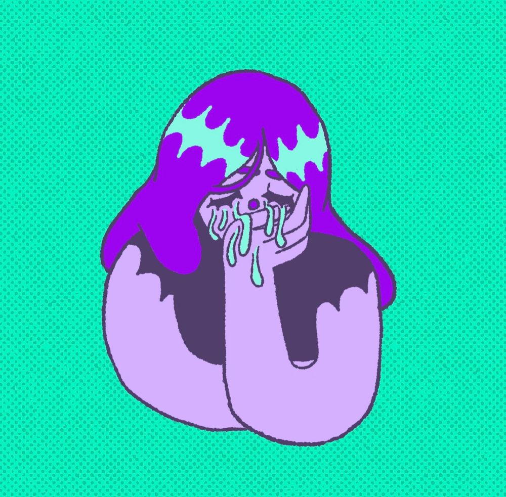 Dessin numérique d'une jeune femme, les bras croisées, une main sur son visage. Elle pleure et les larmes coulent sur sa main. Elle a la peau et les cheveux violets tandis que ses larmes et le fond sont turquoises
