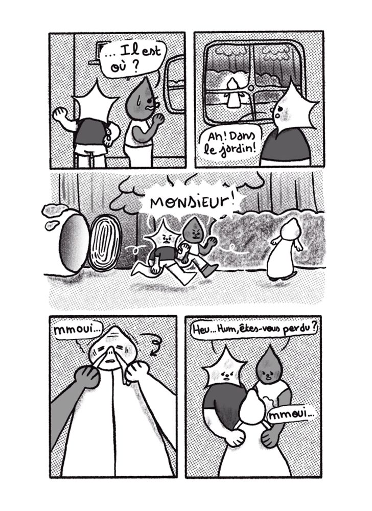 Page 8. Les jeunes filles retrouvent l’homme dans le jardin. En y regardant bien celui est plus petit et vieux que ce qu’il paraissait. Il est complètement perdu.