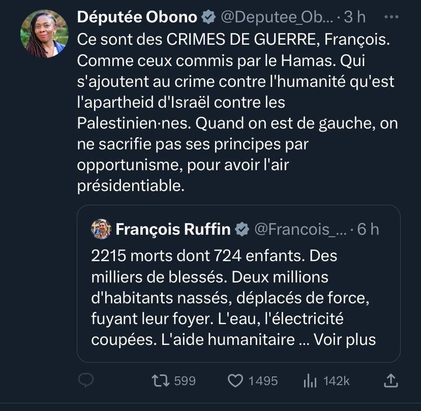 Screenshot d’un tweet de la députée Danièle Obono qui reproche à François Ruffin d’être un peu trop mou sur la dénonciation des crimes de guerre d’Israël par pur opportunisme pour « avoir l’air présidentiable »