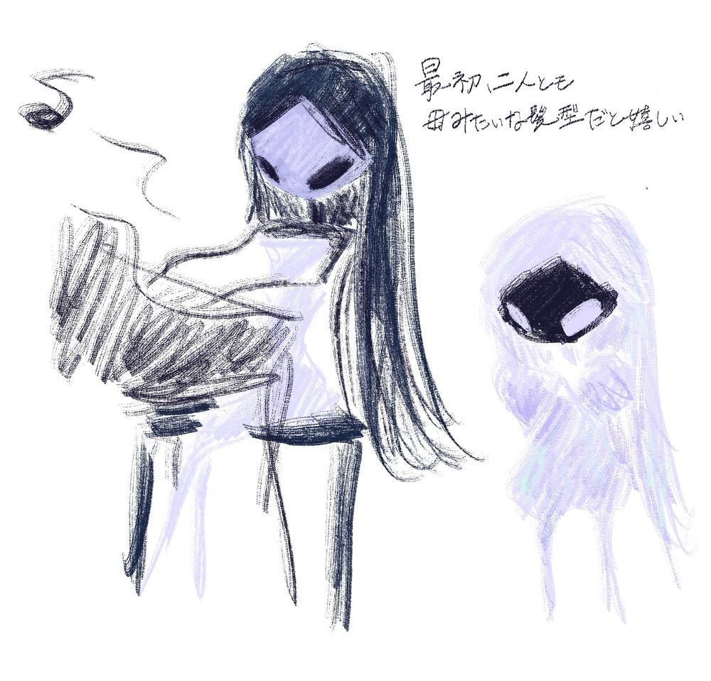 シルクソングの落書き
捏造された姿のファントムとレースのイラスト
画面左上には｢最初、二人とも母みたいな髪型だと嬉しい｣と書いている