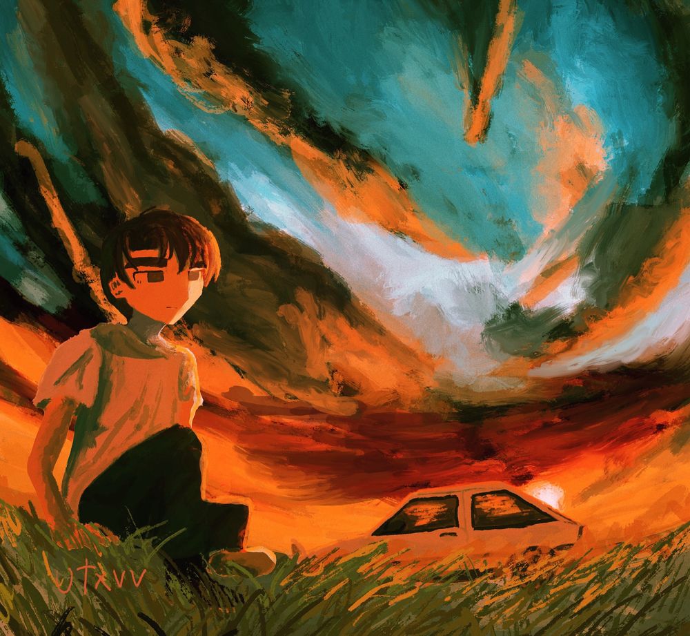頭文字Dのファンアート
夕陽の空のなか、草むらで佇む藤原拓海とその奥にAE86がいるイラスト
