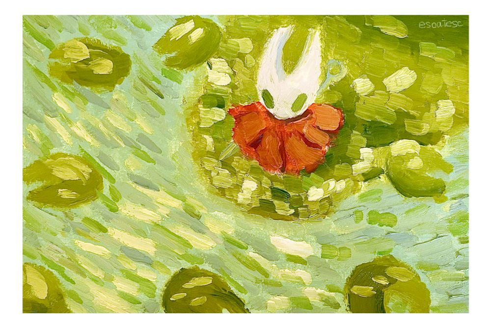 シルクソングのファンアート
蓮が浮かぶ湖のほとりで立っているホーネットのイラスト