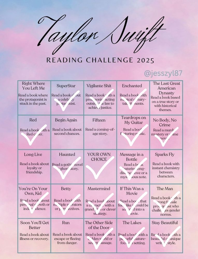 Taylor Swift Reading Challenge 2025 bingo. For Message in a Bottle I had to 'Read a book featuring long-distance love or a mysterious note' 