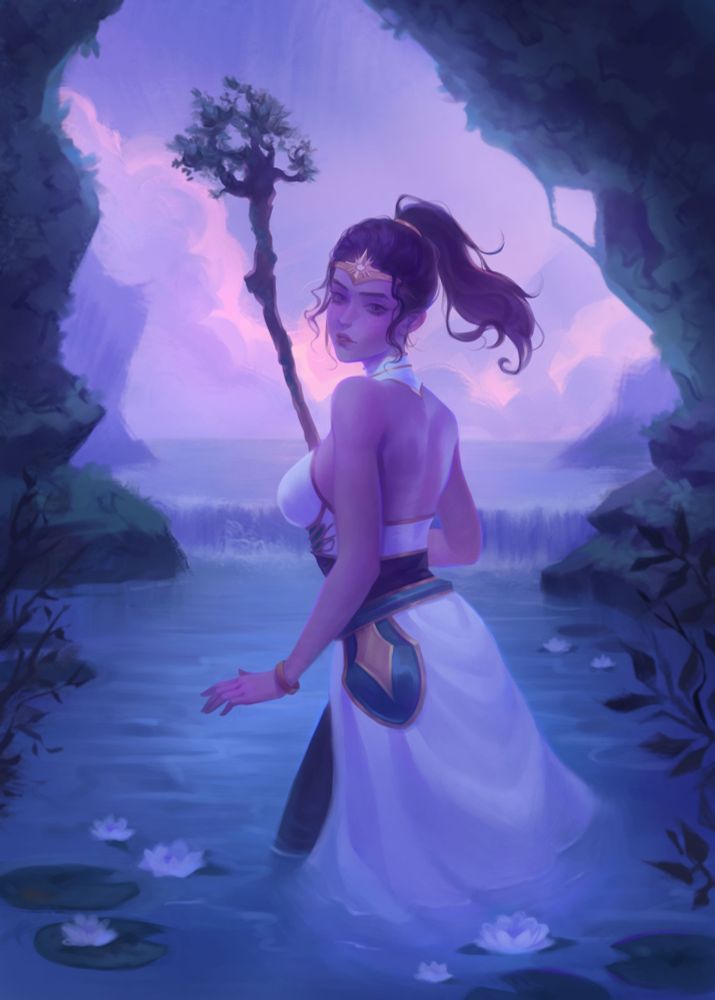 Digital painting showing a woman with dark hair in a ponytail, wearing a white dress with gold and green accents, standing in a shallow pool of water with lily pads. She is holding a staff topped with a miniature tree and looking over her shoulder at the viewer. The background is a fantasy landscape with purple and pink misty lighting, suggesting a hidden grotto or lagoon
Made in #Krita