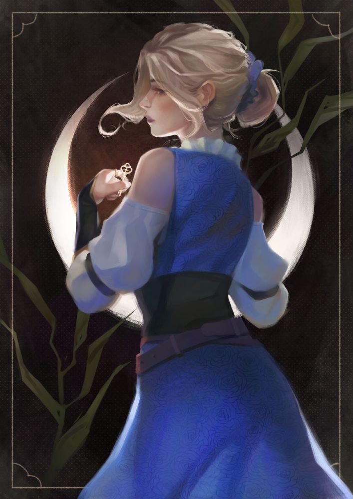 A girl in a blue dress holding a key. In the background a moon and herbs