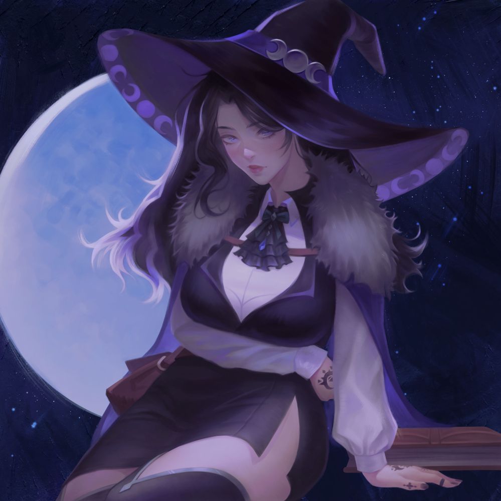 Stylized illustration depicting a dark-haired girl wearing a witch's hat sitting against a full moon. She is looking at the viewer, leaning on her arm, her long hair fluttering in the wind. She wears a large pointed hat adorned with crescent moons, a fur-trimmed cloak, and a black and white outfit with a ruffled bowtie. The background is a deep night sky with stars, enhancing the magical atmosphere