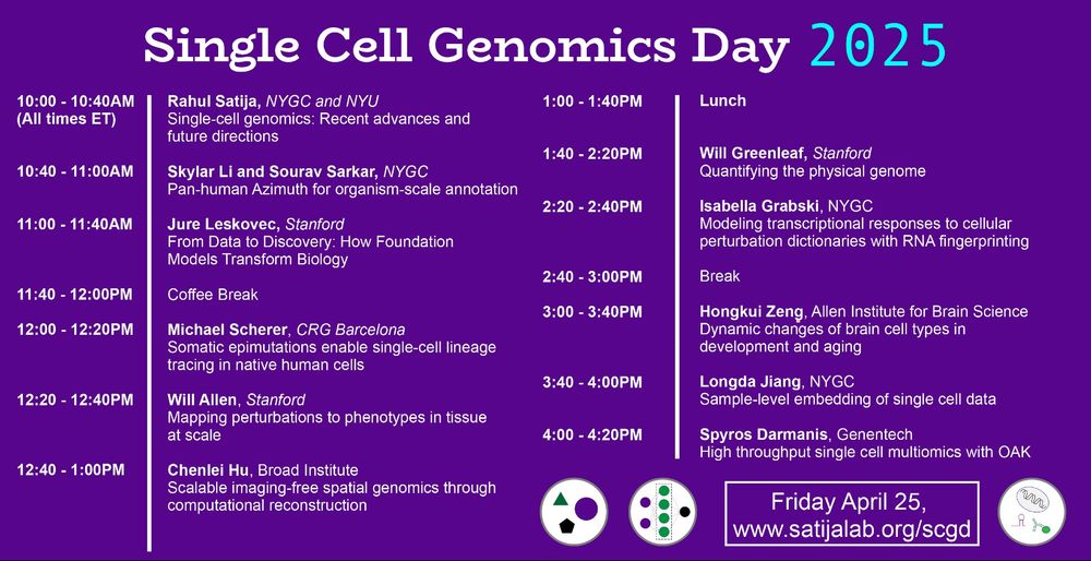 Single Cell Genomics Day hosted by Rahul Satija. Happening on April 25, 2025