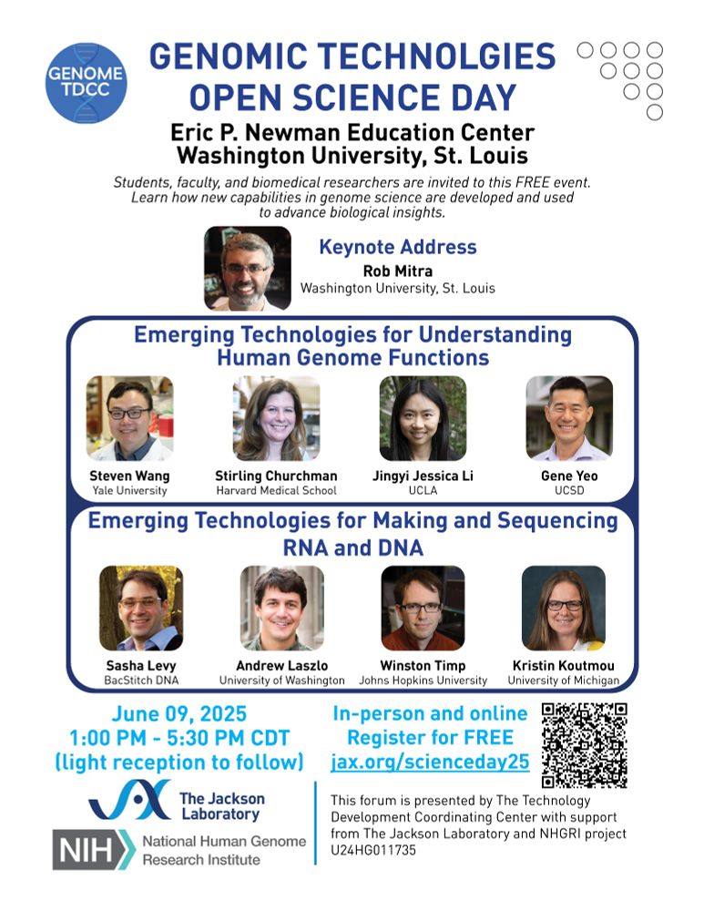 Free event with developers and users of genomic technologies.  Register at https://www.jax.org/scienceday25/
The objective of this forum is to provide post-secondary students, postdoctoral associates/fellows and biomedical researchers with a fundamental understanding of how these new technologies are utilized, as well as emerging opportunities and challenges associated with their optimization and use.