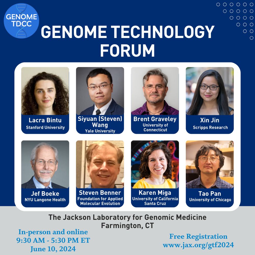 Don't miss this amazing opportunity to hear from industry leaders and genome technology developers and users. They will focus on emerging technologies for understanding human genome functions discussing multi-omic analyses at a single-cell level, genome structure and function, and large-scale analysis of nucleic acid-protein interactions. Speakers will also cover advances in technologies for making and sequencing DNA and RNA.

Sign up for the in-person experiential learning sessions with EpiCypher and Alida Biosciences to learn about epigenetics and epitranscriptomics. 

Keynote lecture will be delivered by esteemed speaker Stacey Gabriel (Broad Institute of MIT and Harvard).
Stick around for the National Human Genome Research Institute (NHGRI) Small Business Program Expo with Alida Biosciences, BacStitch DNA, Claret Bioscience, DNA Script, Electronic Biosciences, EpiCypher, Flexomics, Primrose Bio, Ribotherapeutics, and more!
https://www.jax.org/gtf2024