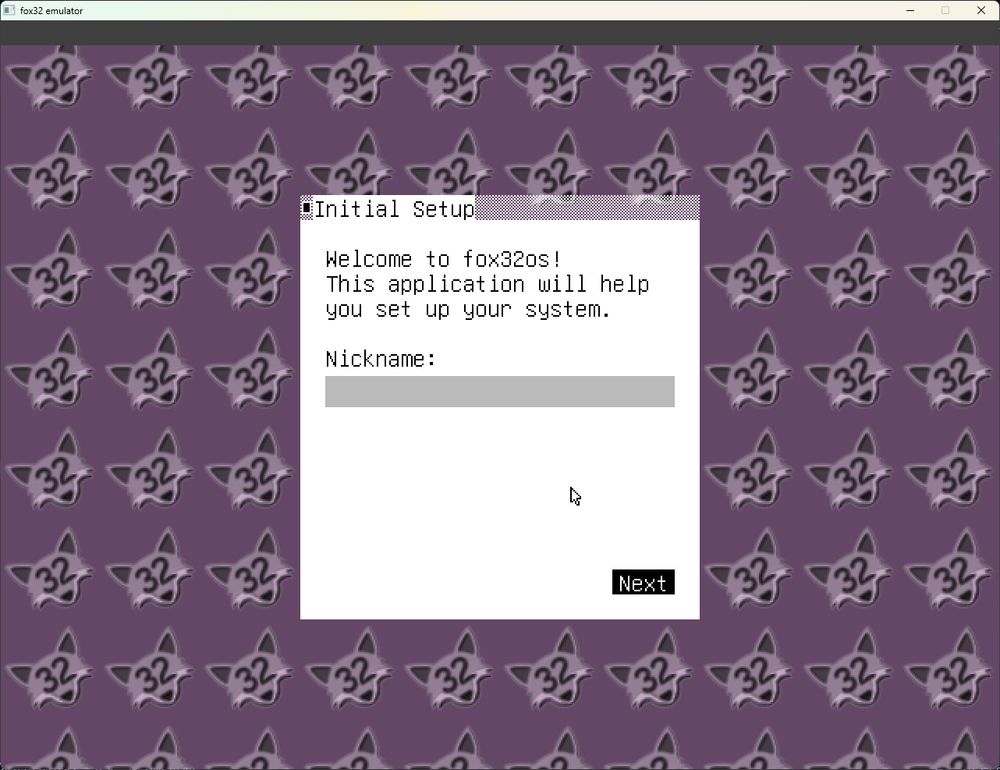 fox32 screenshot of a work-in-progress fox32os initial setup application. the desktop wallpaper is a tiled image of the old fox32 logo, with my attempt at making it look slightly embossed. it looks really bad