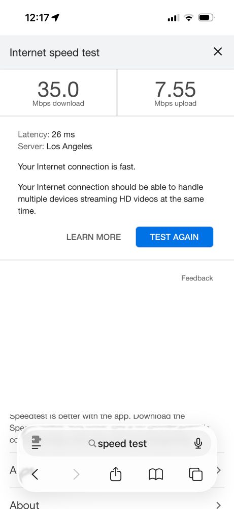 screenshot of the Google internet speed test thing. it reports 35 Mbps download and 7.55 Mbps upload