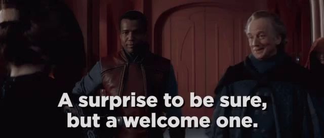 a surprise to be sure but a welcome one is written on a red background