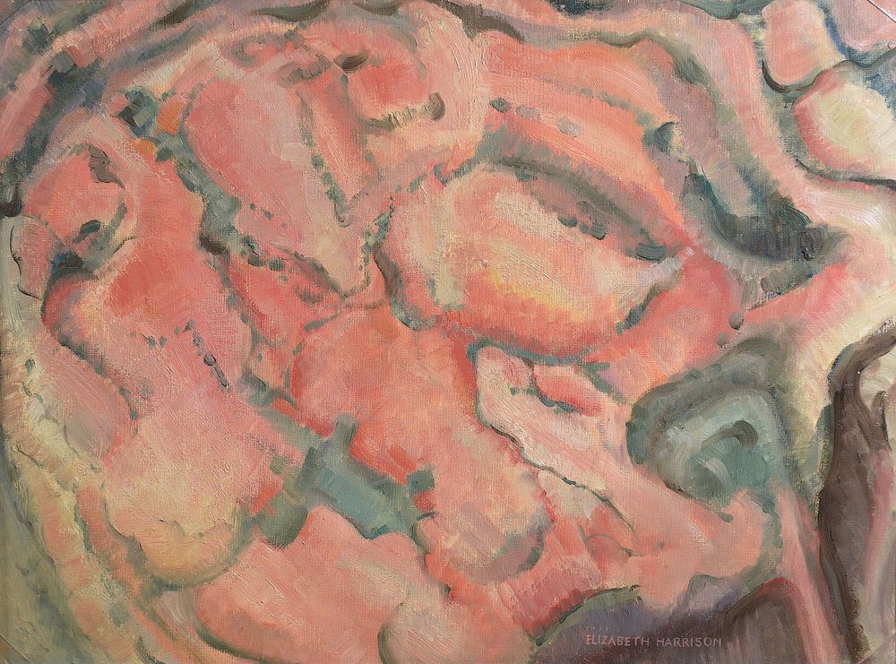 Harrison, a Canadian domestic war artist, was intensely interested in abstracting natural forms and was highly praised by Charles Comfort. In her 1951 book 'Self-Expression Through Art' she wrote: “The [painter’s] ability to reproduce a given object with photographic accuracy is not the only criterion of good art. … Though when one says ‘like,’ one usually means visually like, there are other ways of identifying objects.  What about like by atmosphere, like in sound, like by touch, like by smell; to say nothing of more abstract tests, which are best made by saying, ‘what does the picture convey?”
