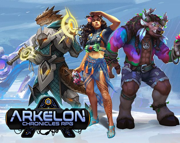 An image including 3 characters in front of a blue background. From left to right, a Dragonkin wearing a silver armor with golden lights; a human life guard, with a swim suit and a diving mask; a Banteng cow-inspired character with a colorful jacket and jeans shorts, holding a small flower.