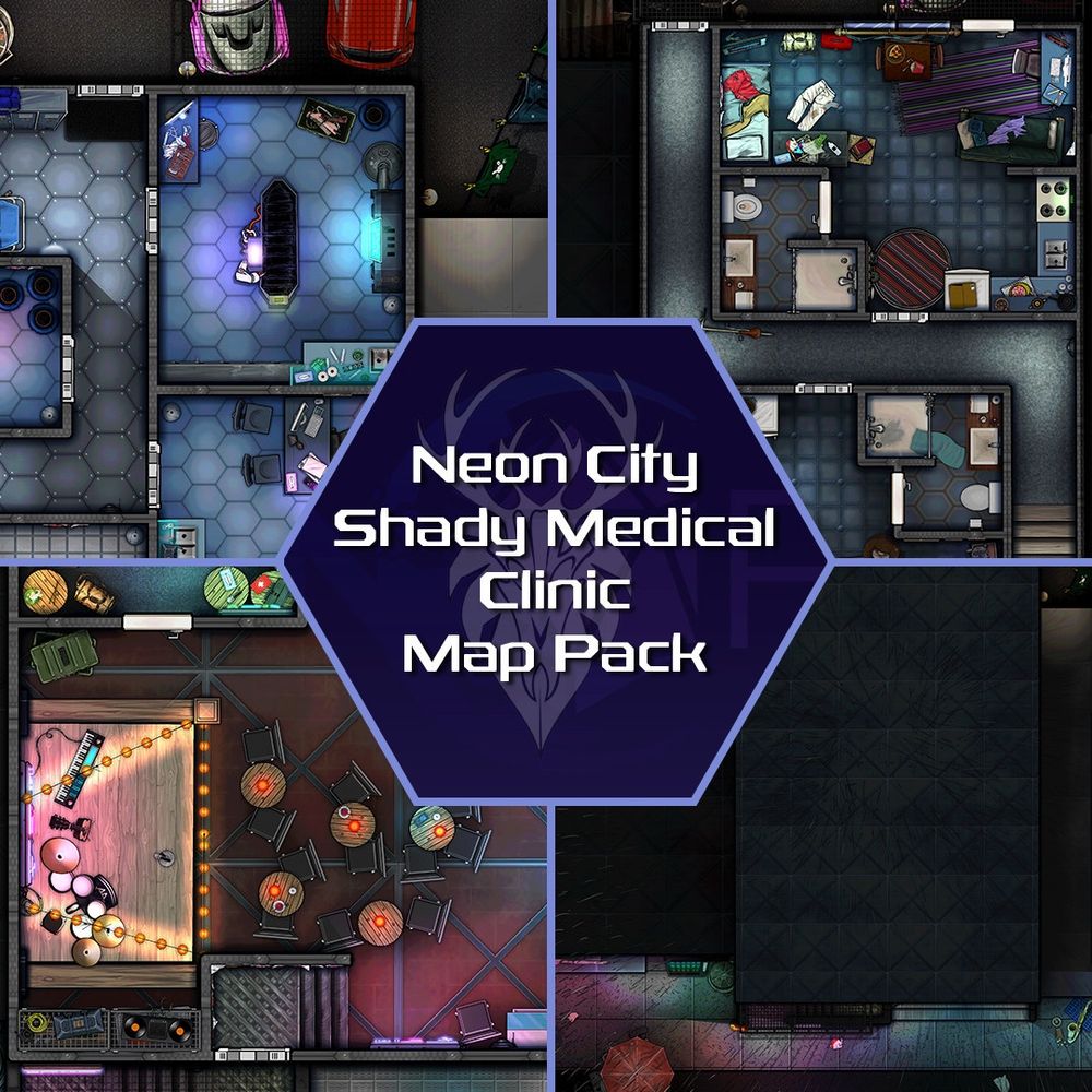 Pictures of TTRPG maps with the title "Neon City Shady Medical Clinic, Map Pack". Every corner shows a different version of the map with: 
Top left: An interior area with a medical bed
Top right: A small apartment
Bottom left: A shady bar with a music band
Bottom right: An exterior shot of the map