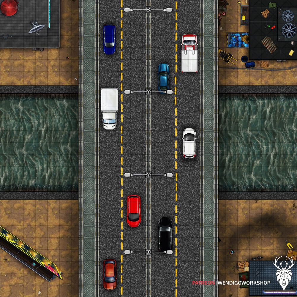 A TTRPG map of a bridge with various cars, a river and some buildings.