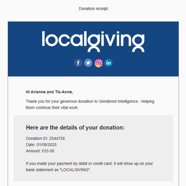 A donation receipt for £53.00 to Gendered Intelligence.