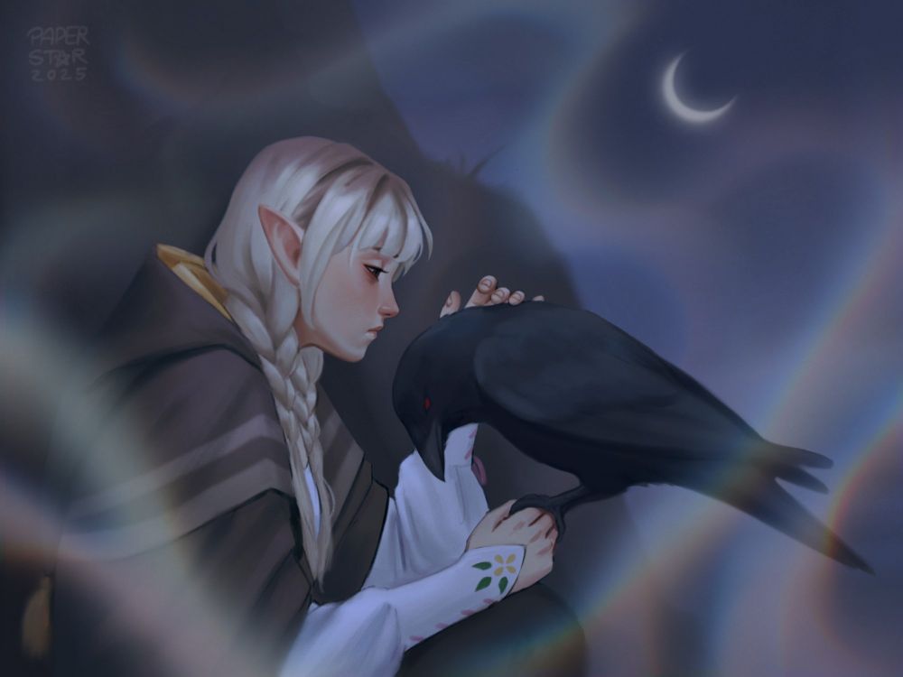 Cecilia, a young elf wizard, sits in the mountains by night. She pets her red-eyed raven and is surrounded by a protective magical sphere. Her eyes are red and puffy, like she'd been crying, and her expression is sad.
