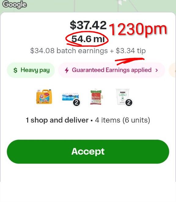 Instacart screenshot from 1230pm showing an order that requires driving 56 miles one way to bring someone groceries. The base pay from instacart is $34 and the customer tipped $3.