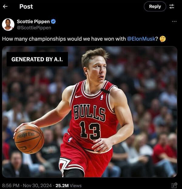 Tweet from Scottie Pippen of an AI generated picture of Elon Musk in a Chicago Bulls uniform