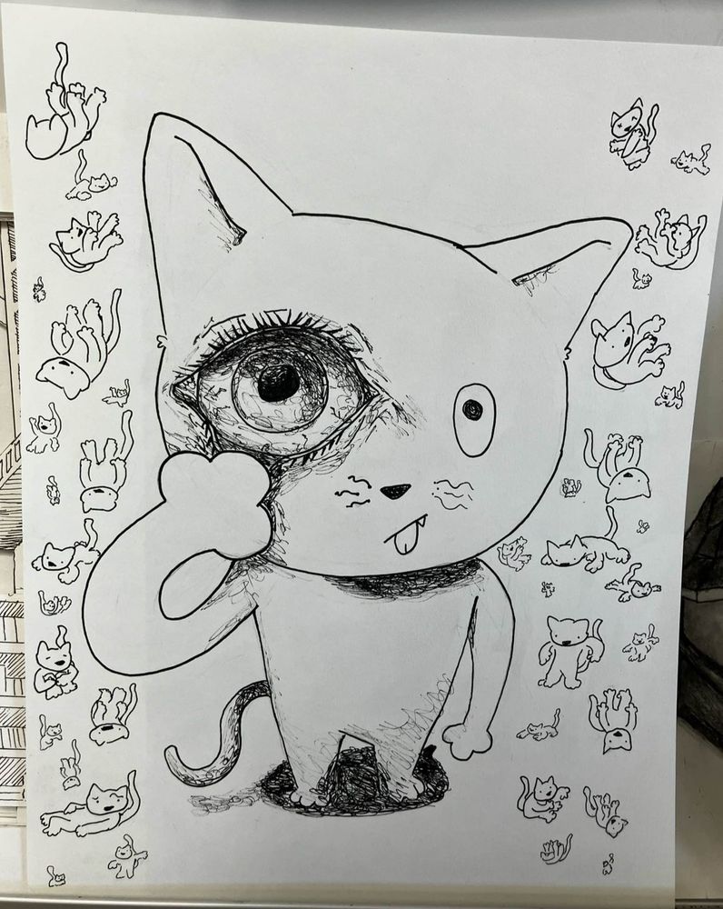 anthro cat with one hyper-realistic eyeball

smaller cats in the background falling