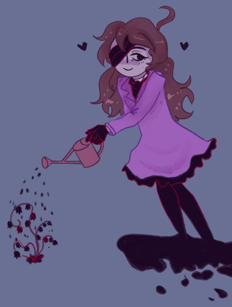 @Mintknight ‘s OC Samzel; they have pale white skin, fluffy brown hair, a lavender coat/deess and a black and red bandage over their right eye. They are coyly smiling while watering a plant with black ichor. Their legs also melt into the same ichor at the ankles. 