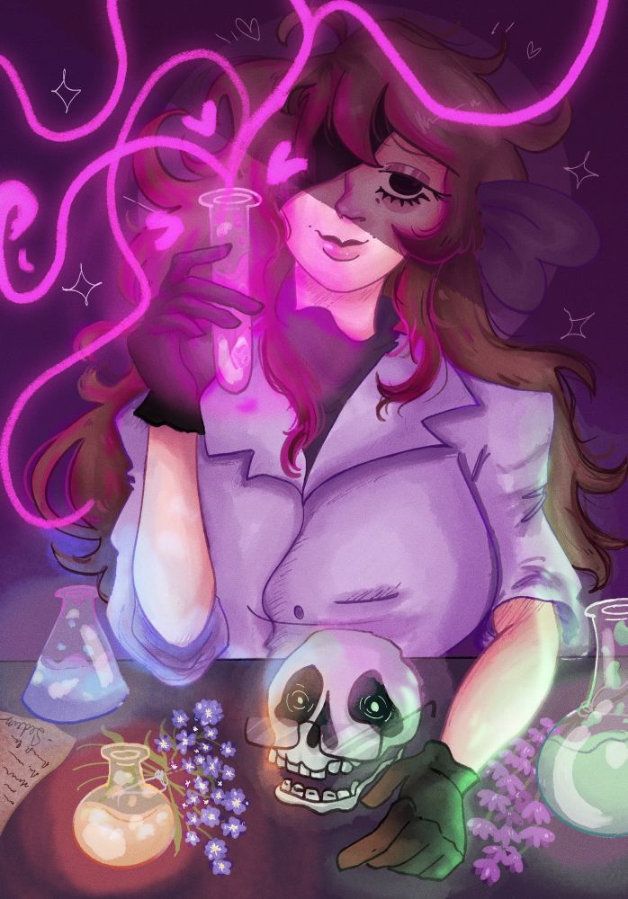 A brown-haired, femme-looking person with a black cloth covering one eye. Their hair is fluffy and wild and they wear a lavender professors coat. They’re in the pose of the “Re-Animator” poster. She holds a brightly glowing pink potion with a small smile on her face. There are also various other glowing potions on her desk in green, blue, and orange. A skull with glowing green eyes and glasses sits on their desk. There are sprigs of lavender and forget-me-nots on the desk, as well as a note signed with the name “Sedriz.” 
