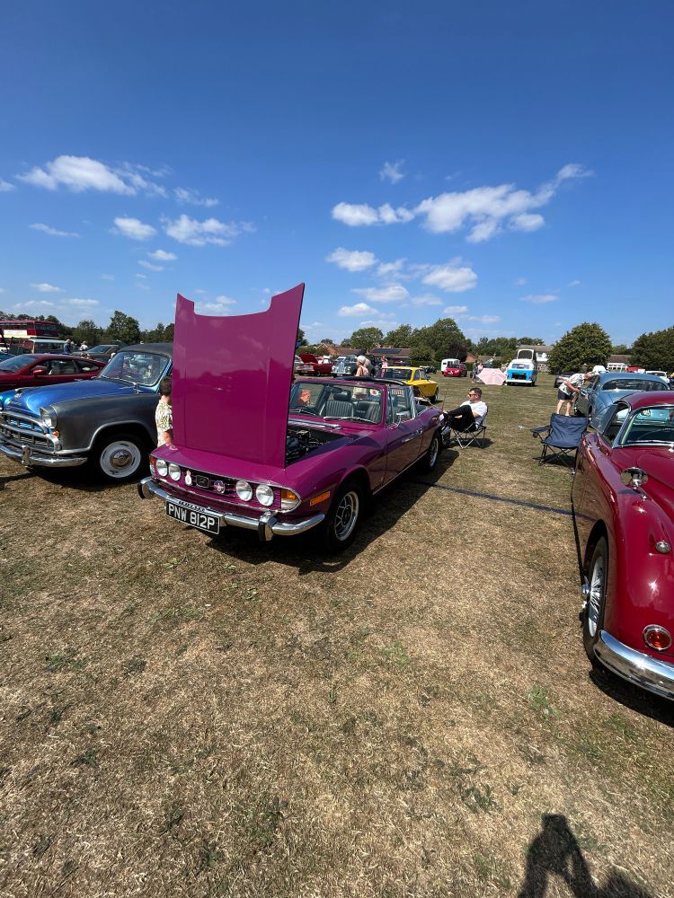 A Triumph Stag in a field.