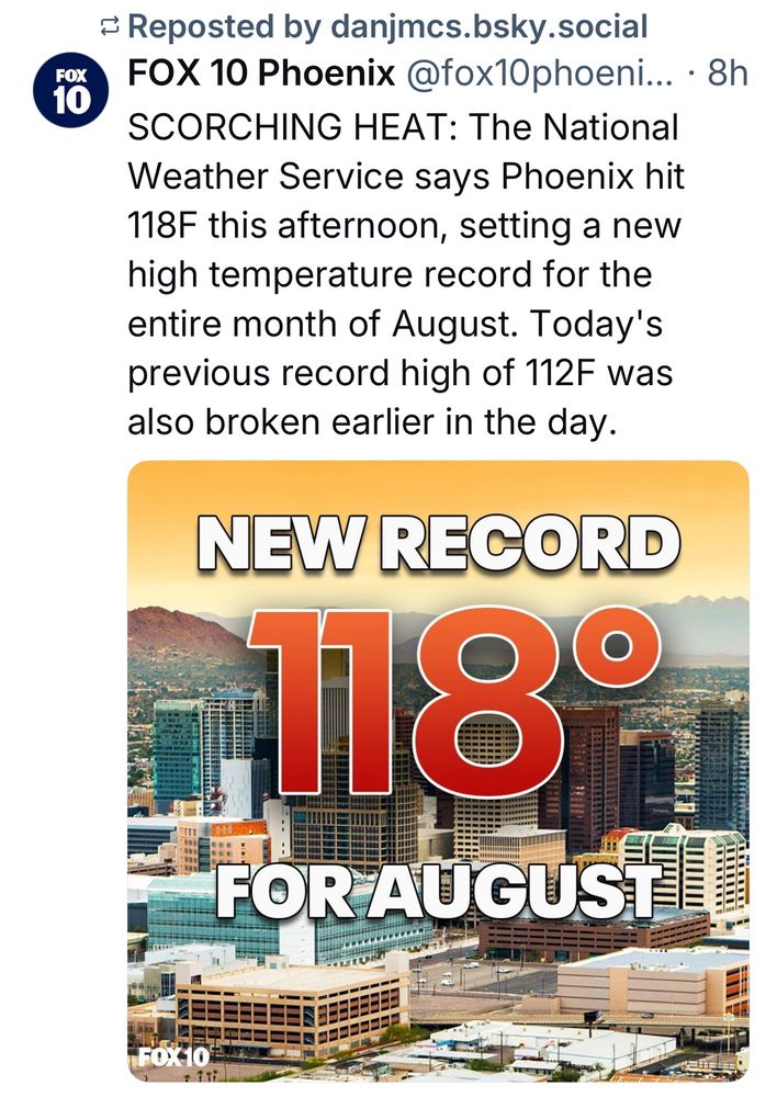 News article showing Phoenix hits record high of 118f in August 2025.