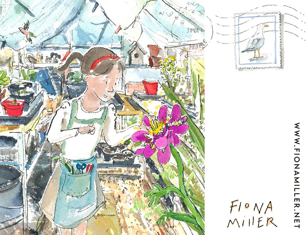 Illustration of a girl looking at a giant exotic flower