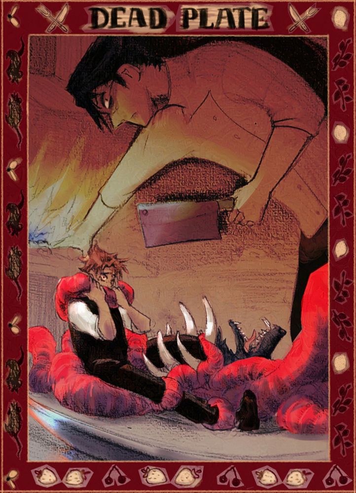 2 Characters : in the foreground one is entangled in intestines coming out of a dead rat on the plate
In the background a chef is watching with a menacing eye while holding a butcher knife
