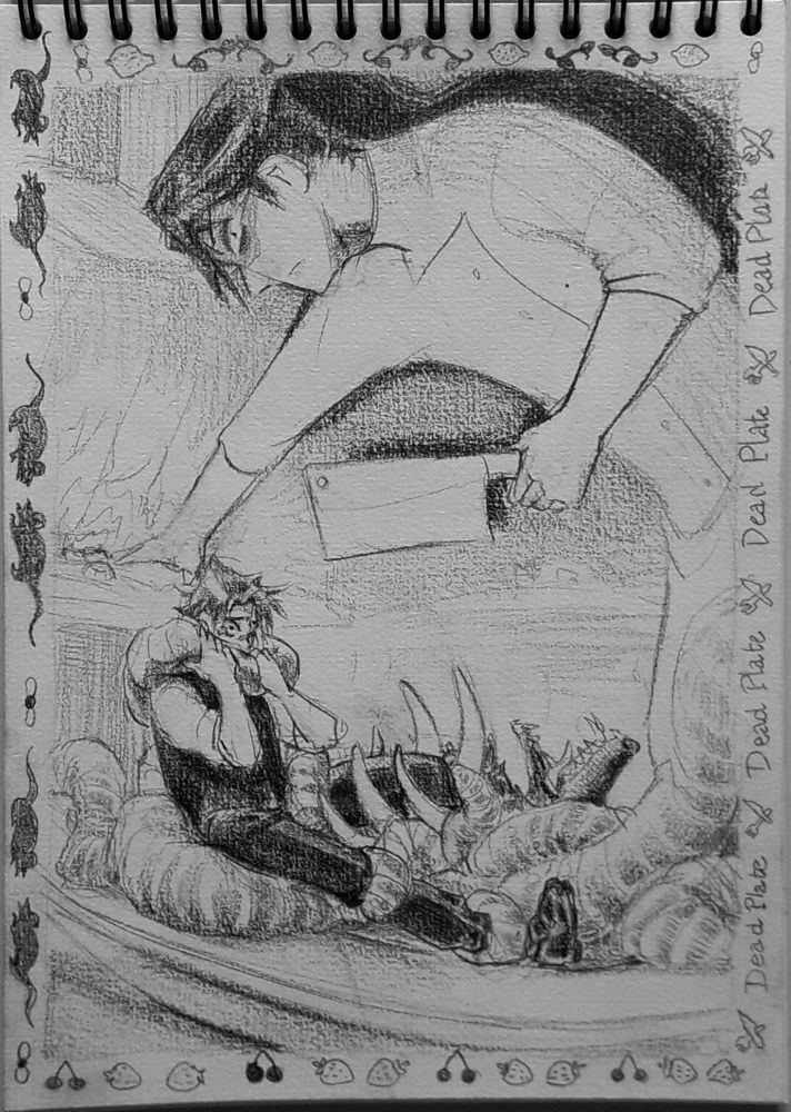 Characters of Dead Plate game
Vincent is cooking whilst gazing menacingly at Rody on a plate entangled in the guts of a dead rat.