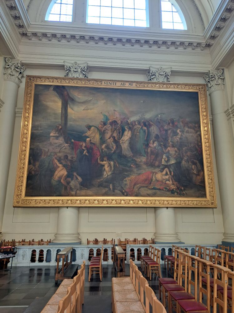 Some sort of huge religious painting in the Brussels royal palace church, with the latin inscription on top: "Venite ad me".