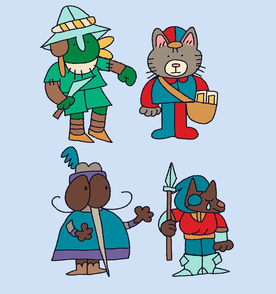 Fan art of 4 characters from The Royal Writ. At the top is a bird wearing  a helmet, and a cat delivering mail. On the bottom is a fly with a feather in his hat and a creature with pointy ears holding a spear.
