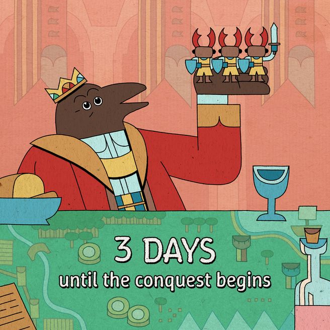 Artwork for The Royal Writ. In a cartoon picture book style, a crow is dripped out with a crown and royal red robes. He is holding 3 ant soldiers and is standing before a map of the realm.