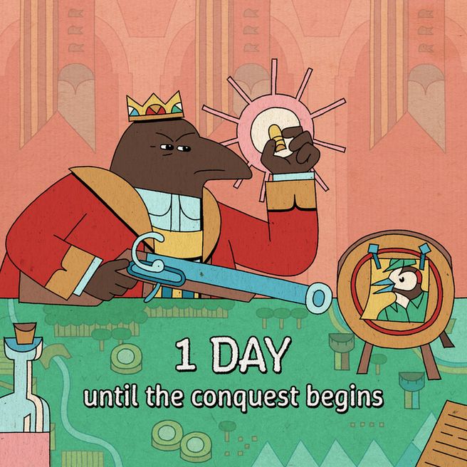 Crow king Mikolt II from The Royal Writ is squinting at a golden bullet and holding a gun. On his table is a map of the kingdom and a photo of his arch nemesis Robert Horka fastened to a target board.