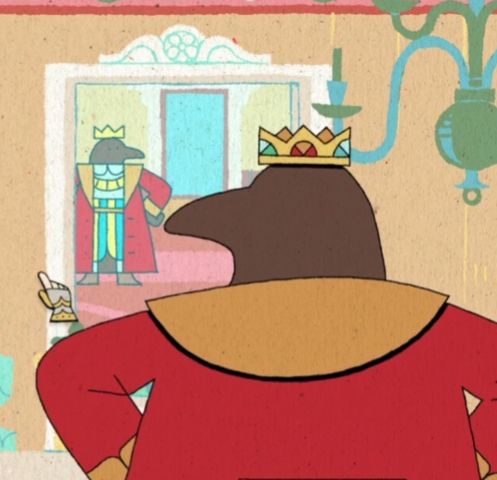 Crow king Mikolt the 2nd from The Royal Writ looking at himself in the mirror with his hands on his hips.