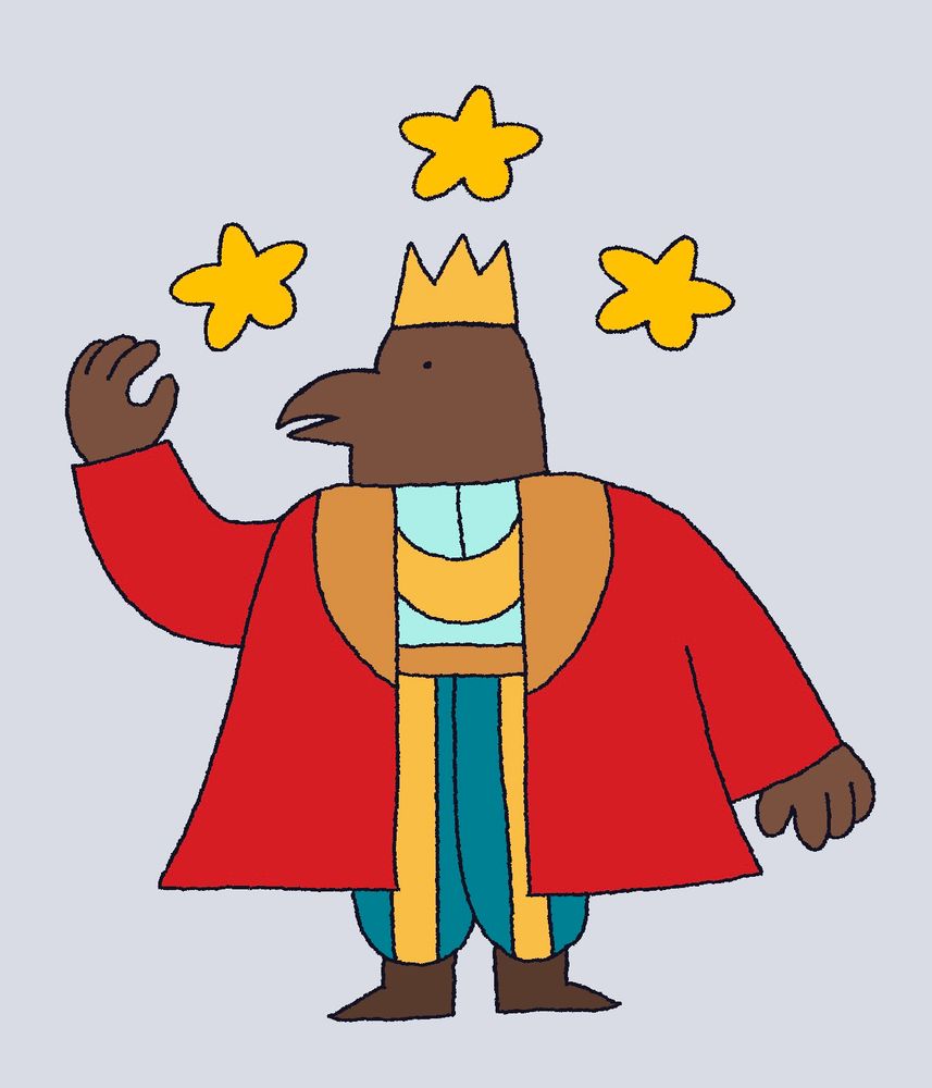 Fan art of crow King Mikolt II with 3 stars above his head.