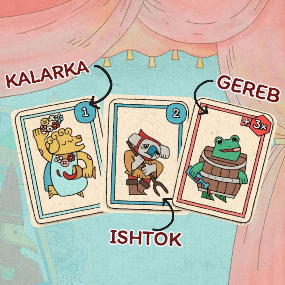 Image shows cards from The Royal Writ. On the left is a dog with a flower crown called Kalarka, in the middle is a sad koala called Ishtok, and on the right is a drunk frog in a barrel called Gereb.