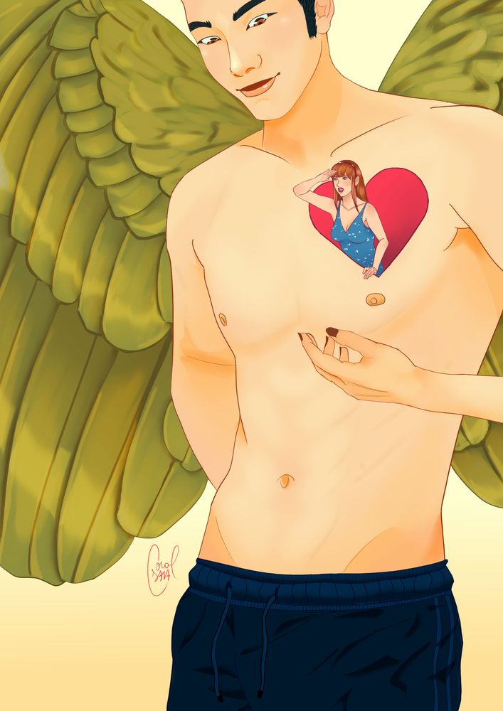 Ilustração digital colorida feita por Coral Daia. Um anjo, Furriel, sem camisa, vestindo uma calça de moletom escura, tem asas amarelas e meio esverdeadas. Dentro do peito dele, através da passagem de um coração vermelho, uma moça, Sarah, se impressiona com a vista de lá de cima (mais detalhes sobre ela na próxima imagem). O anjo está sorrindo e olhando para ela, com uma mão a postos caso ela caia. Sarah é branca enquanto Furriel tem traços sul-coreanos. 