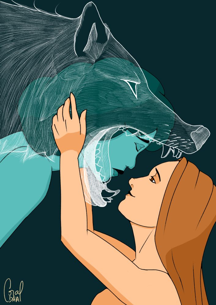 Ilustração em turquesa e dourado de duas moças de perfil. A moça de dourado está sorrindo e tentando alcançar a de turquesa, que está de olhos fechados e parece triste. Sobre a moça de turquesa há a sombra de um lobo branco com a boca aberta pronto para abocanhar a moça de dourado.