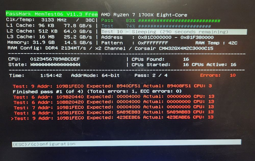 Photo of monitor with in progress memtest86, showing multiple errors on pass 2/4. 